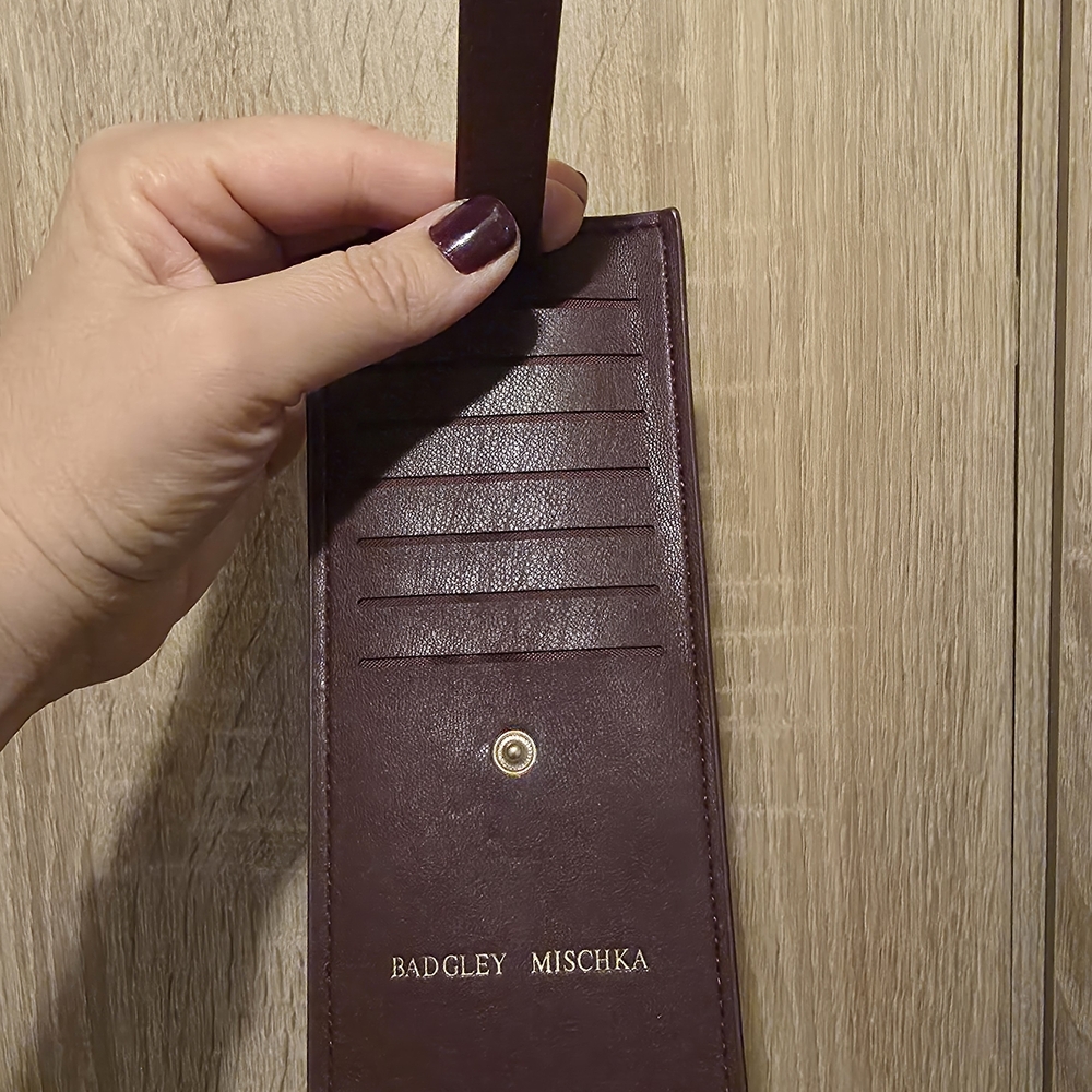 Badgley Mischka Wine/Burgundy Leather Card Case with Gold Logo